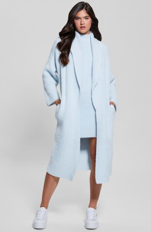 Shop Guess Vero Fuzzy Shawl Collar Longline Cardigan In Sky High