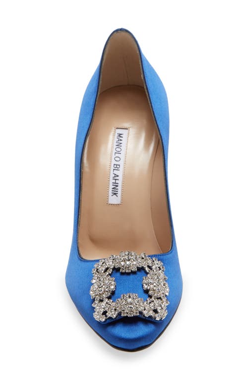 Shop Manolo Blahnik Hangisi Crystal Buckle Pump In Blue Satin Clear/buckle