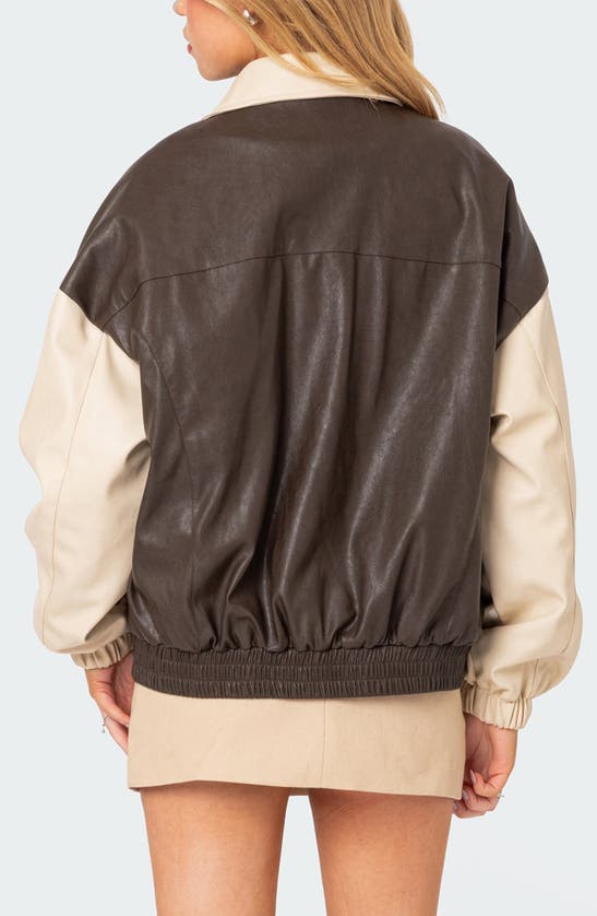 Shop Edikted Oversize Colorblock Faux Leather Bomber Jacket In Brown