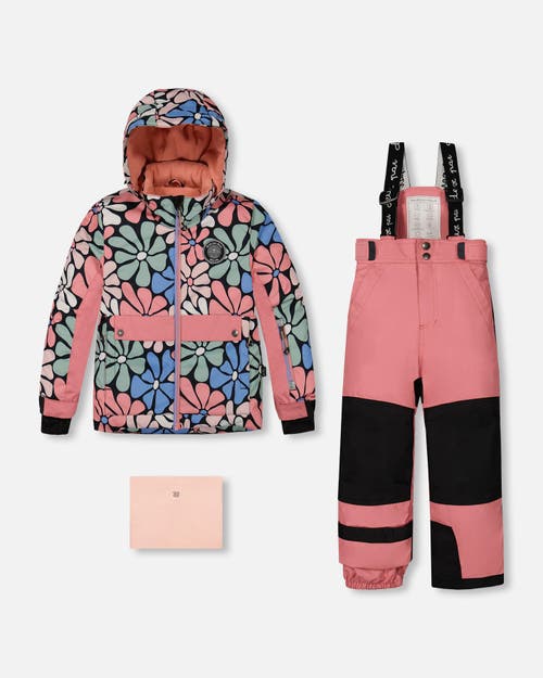 DEUX PAR DEUX DEUX PAR DEUX GIRL'S TWO PIECE SNOWSUIT PRINTED RETRO FLOWERS WITH PINK 