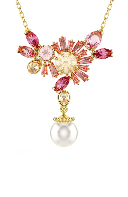 Shop Swarovski Gema Crystal Flower & Imitation Pearl Pendant Necklace In Pink