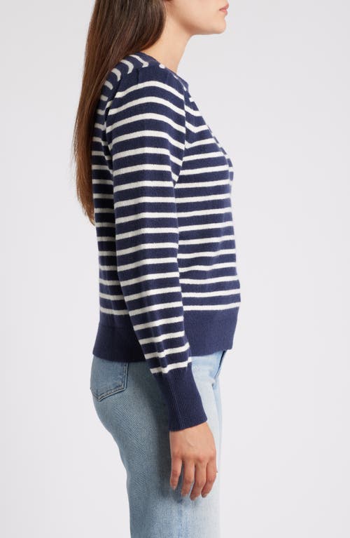 Shop Caslonr Caslon(r) Puff Sleeve Cotton Blend Crewneck Sweater In Navy- Ivory Pinstripe