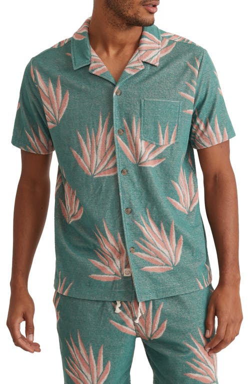 Marine Layer Jacquard Terry Cloth Short Sleeve Button-Up Camp Shirt in Deep Sea Agave