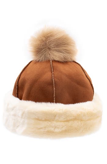 Surell Faux Fur Trim Beanie In Chestnut