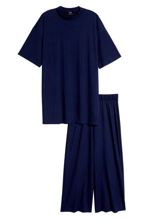 Lex Rib Oversize T-Shirt & High Waist Crop Pants in Midnight Blue