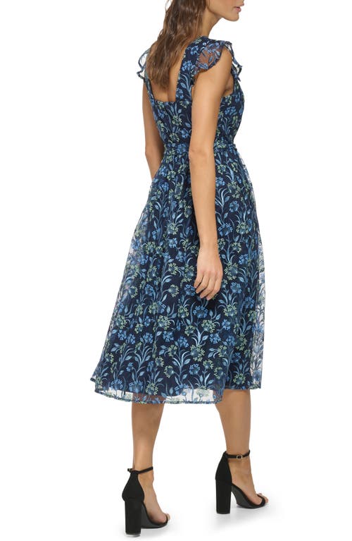 Kensie Women's Flutter Sleeve Floral Day Dress In Navy/green Mutli