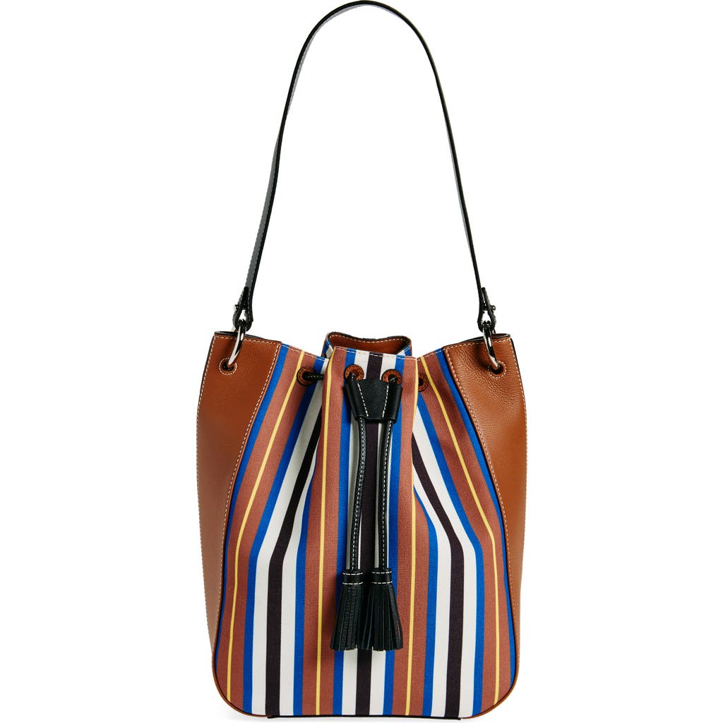 Strathberry X Collagerie Large Bolo Canvas & Leather Bucket Bag In Chestnut/black/blue Stripe