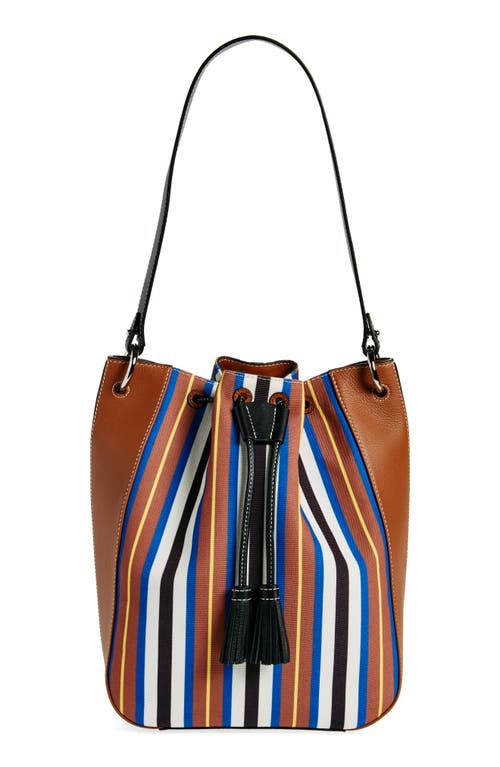 Large Collagerie Bolo Canvas & Leather Bucket Bag in Chestnut/Black/Blue Stripe