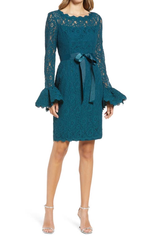 Long Sleeve Lace Sheath Dress in Azure Blue