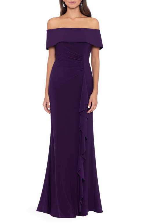 Xscape Evenings Off the Shoulder Ruffle Scuba Gown in Plum at Nordstrom, Size 14