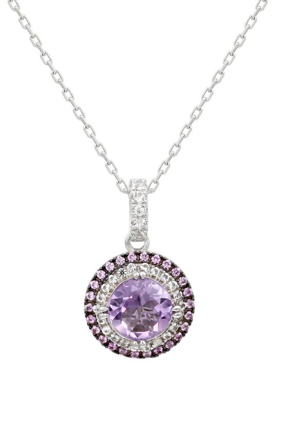 Suzy Levian Semiprecious Stone & White Topaz Double Halo Pendant Necklace In Pink