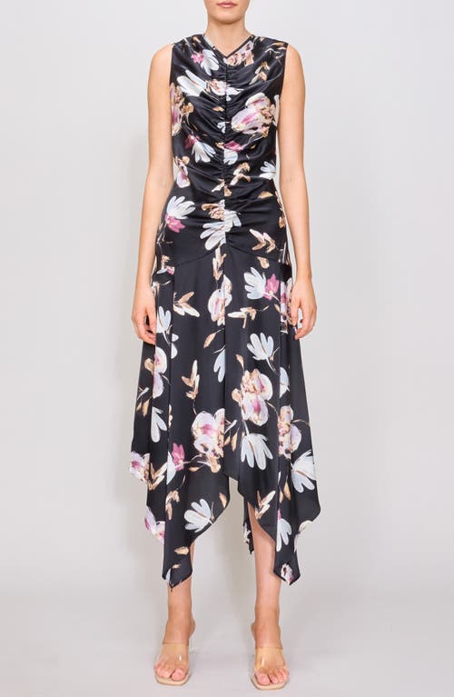 MELLODAY Ruched Sleeveless Satin Midi Dress in Black Floral 