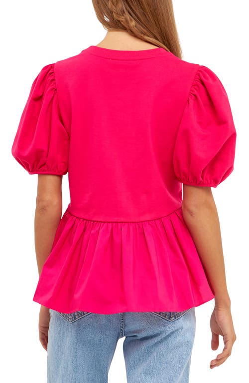 English Factory Mixed Media Puff Sleeve Top In Fuchsia