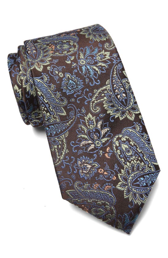 Duchamp Paisley Floral Print Silk Tie In Brown