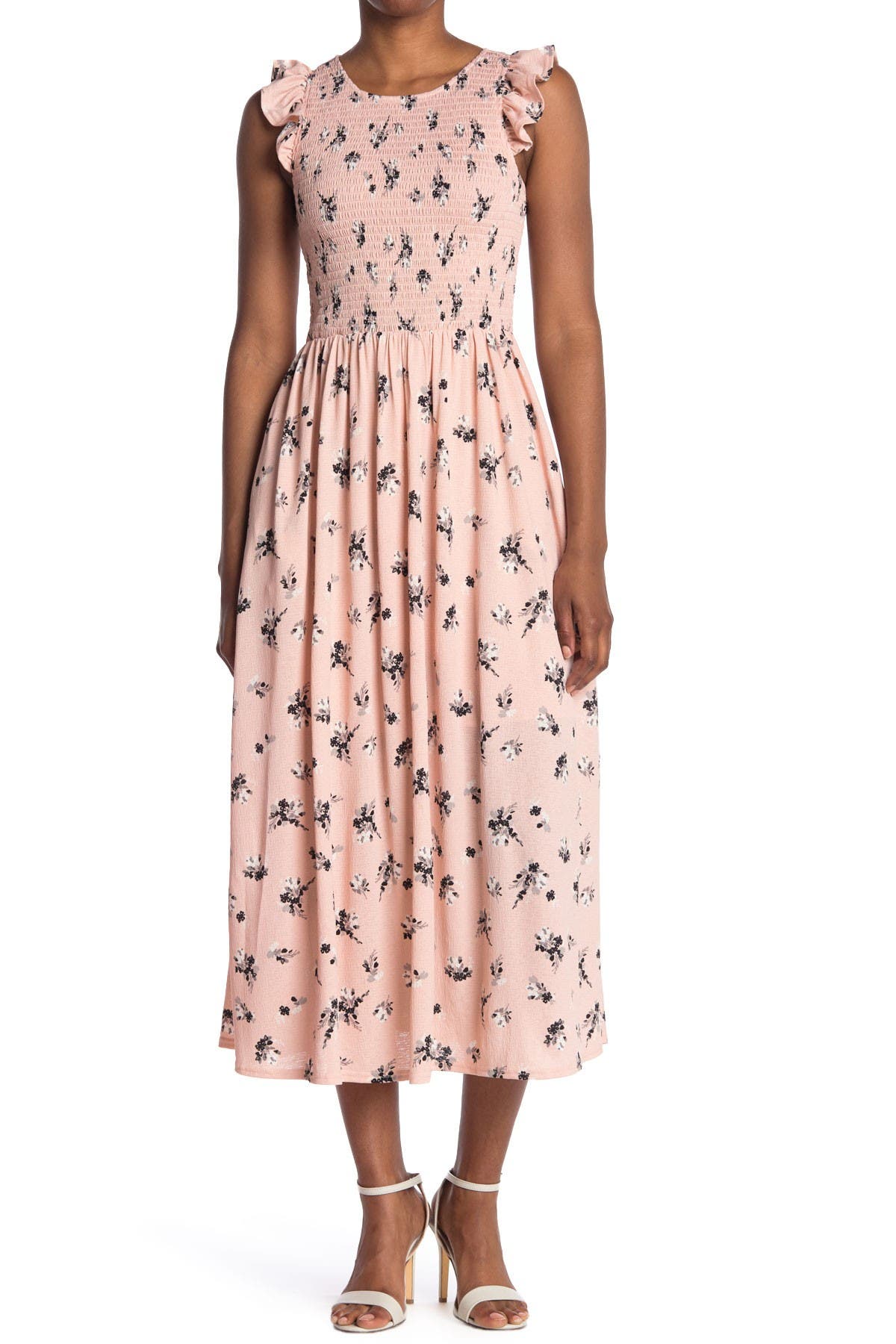Melloday Sleeveless Floral Print Smocked Top Knit Midi Dress In Open Pink4