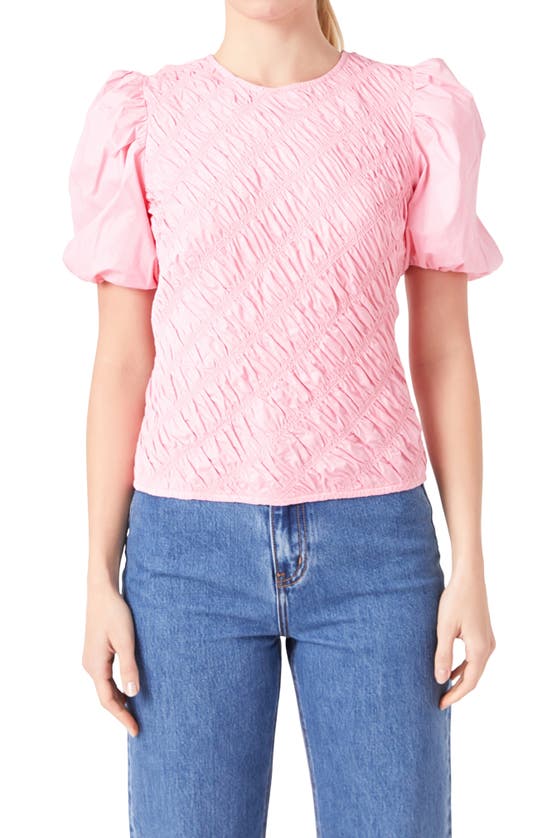 English Factory Asymmetric Shirred Puff Sleeve Top In Pink
