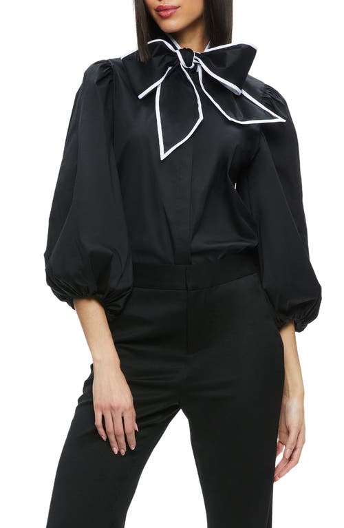 Alice + Olivia Lou Blouson Sleeve Bow Shirt in Black/Off White