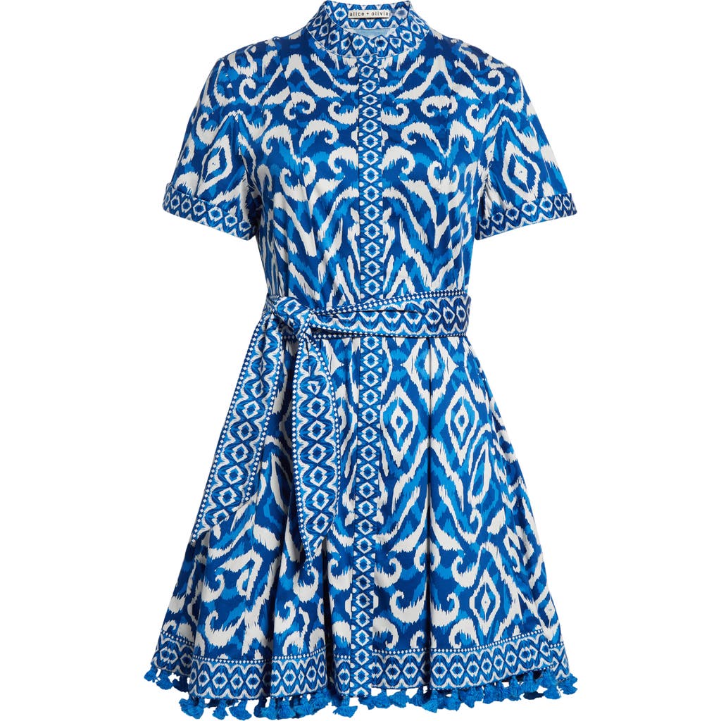 Alice + Olivia Lucy Cuff Sleeve Shirtdress in Artisan Ikat French Blue 