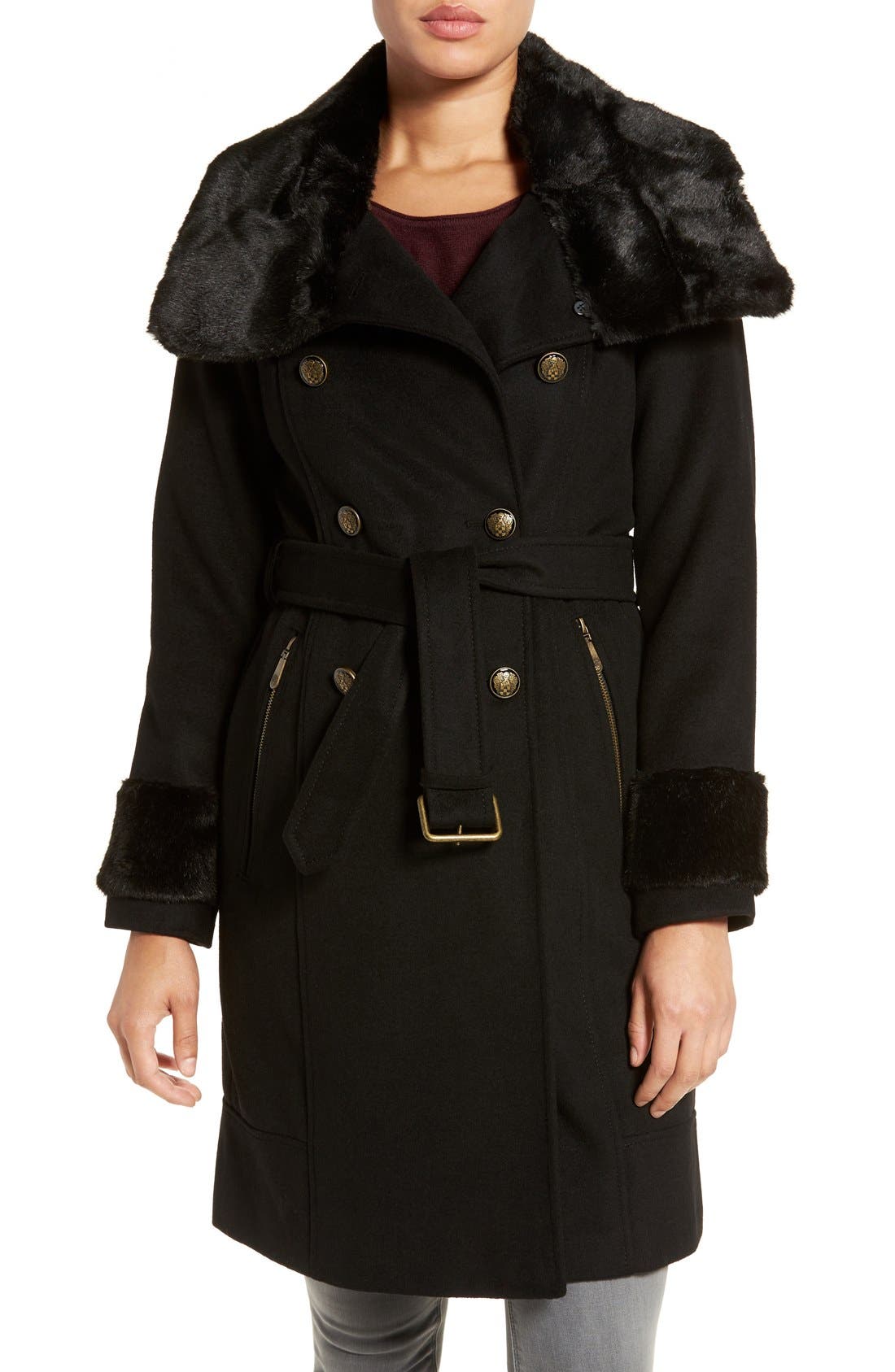 Vince Camuto Wool Blend Military Coat with Faux Fur Trim Nordstrom