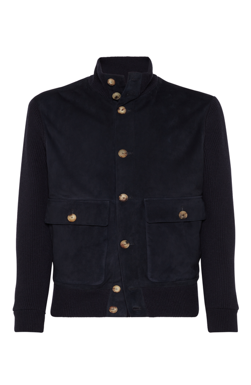 Shop Brunello Cucinelli Suede And Knit Outerwear Jacket In Navy Blue