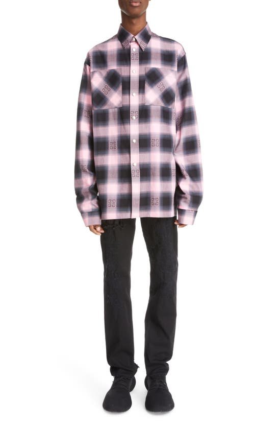 Oversize Plaid Snap-up Cotton Shirt In 670-bright Pink