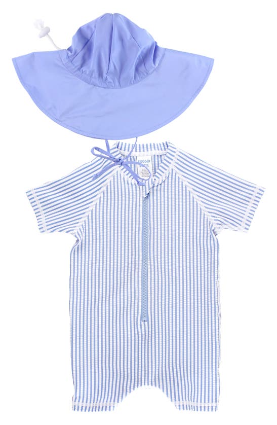 Ruggedbutts Seersucker One-piece Swimsuit & Sun Hat Set In Periwinkle