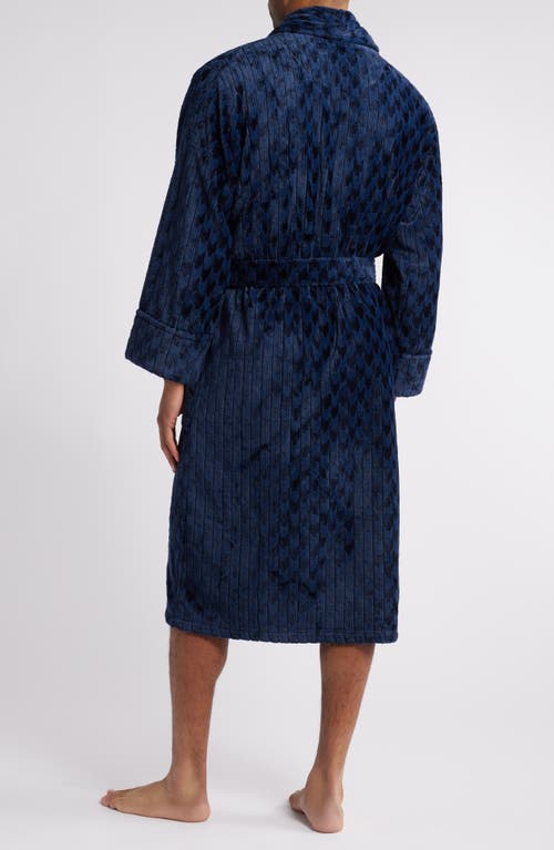 Shop Daniel Buchler Houndstooth Stripe Fleece Robe In Navy