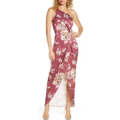 Wayf The Lainey Floral One-Shoulder Twist Gown, Burgundy
