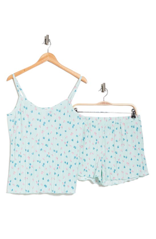 Shop Jaclyn Plissé Satin Camisole & Shorts Pajamas In Pet Little Spring Petals Blue
