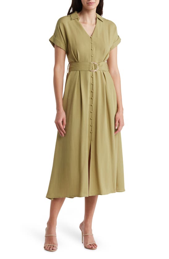 August Sky Short Sleeve Belted Midi Shirtdress In Olive