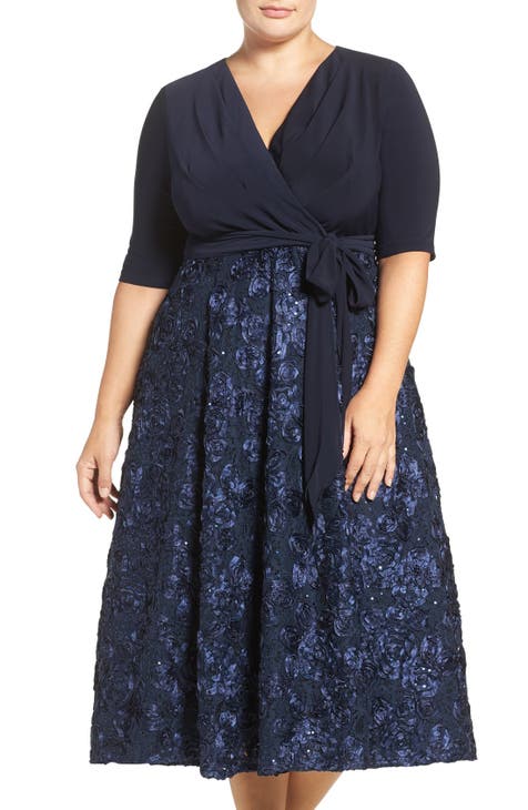 Tea Length Jersey & Rosette Lace Dress (Plus Size)