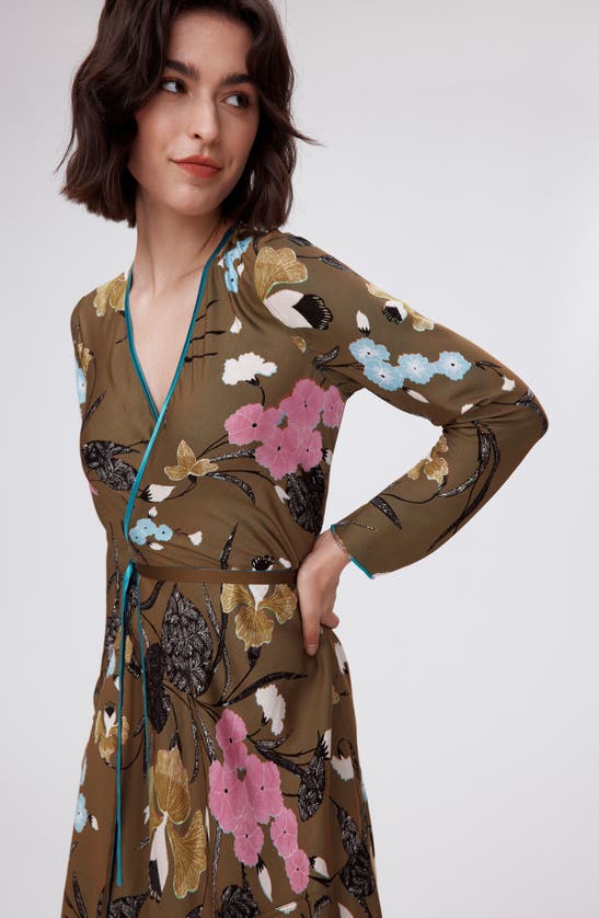 Shop Dvf Anika Long Sleeve Reversible Wrap Dress In Festival Floral Teal/ Olive