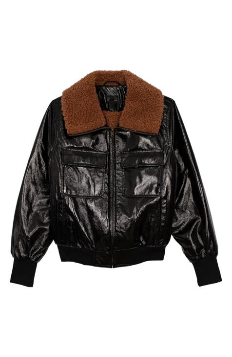 Faux Leather Pilot Jacket with Faux Fur Lining