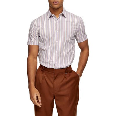 Topman Stripe Short Sleeve Button-Up Shirt, Grey