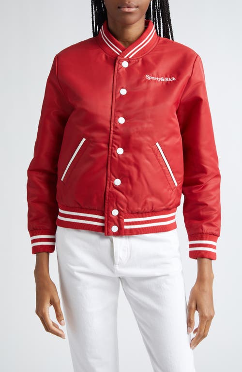 Shop Sporty And Rich Sporty & Rich Wellness Club Embroidered Satin Varsity Jacket In Ruby