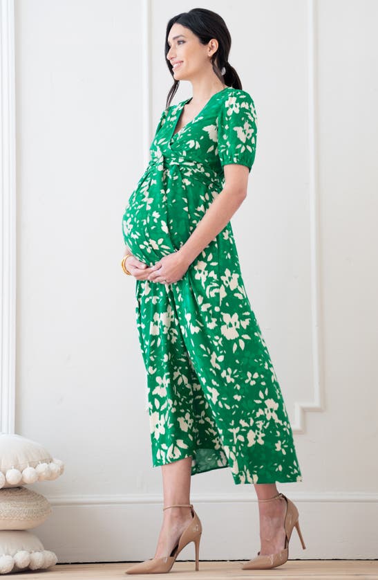 Shop Seraphine Floral Tie Waist Maternity/nursing Midi Dress In Green Print