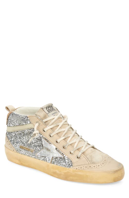 Golden Goose Mid Star Glitter Sneaker In Silver Glitter/cream/beige