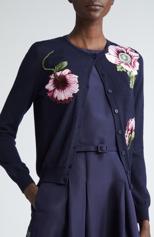 Shop Oscar De La Renta Embroidered Poppy Wool Cardigan In Navy/pink