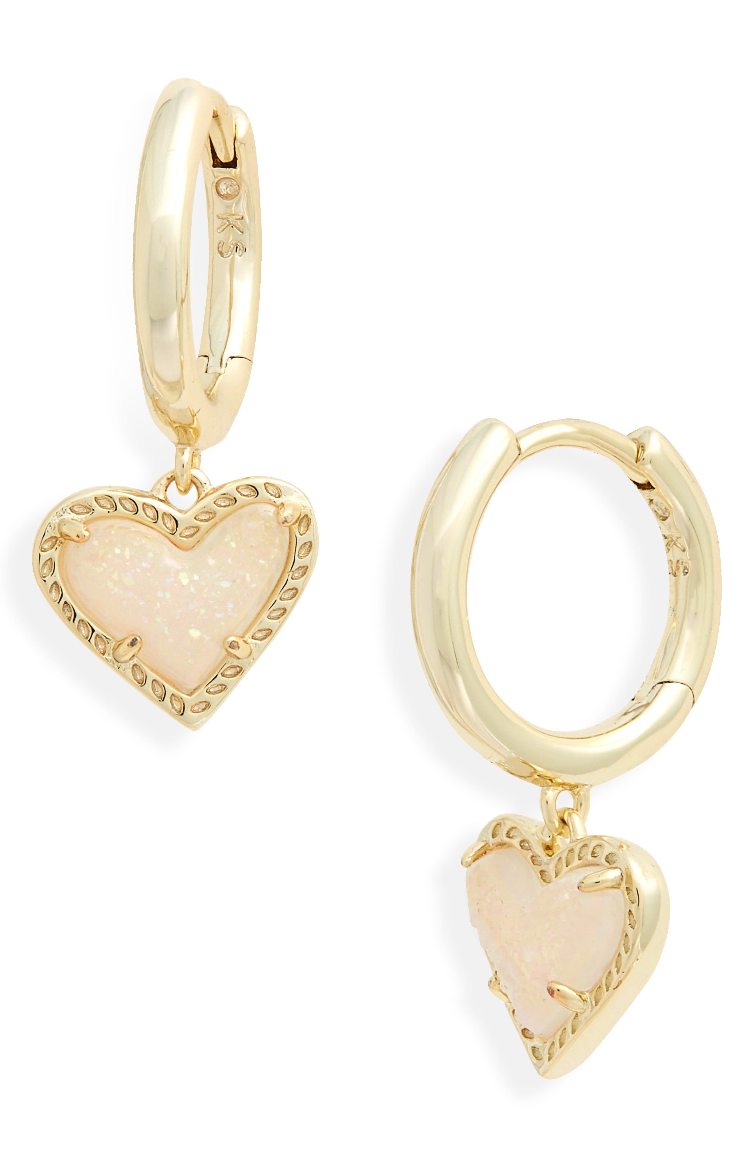 Ari Heart Rose Gold Drop Earrings in Pink Drusy