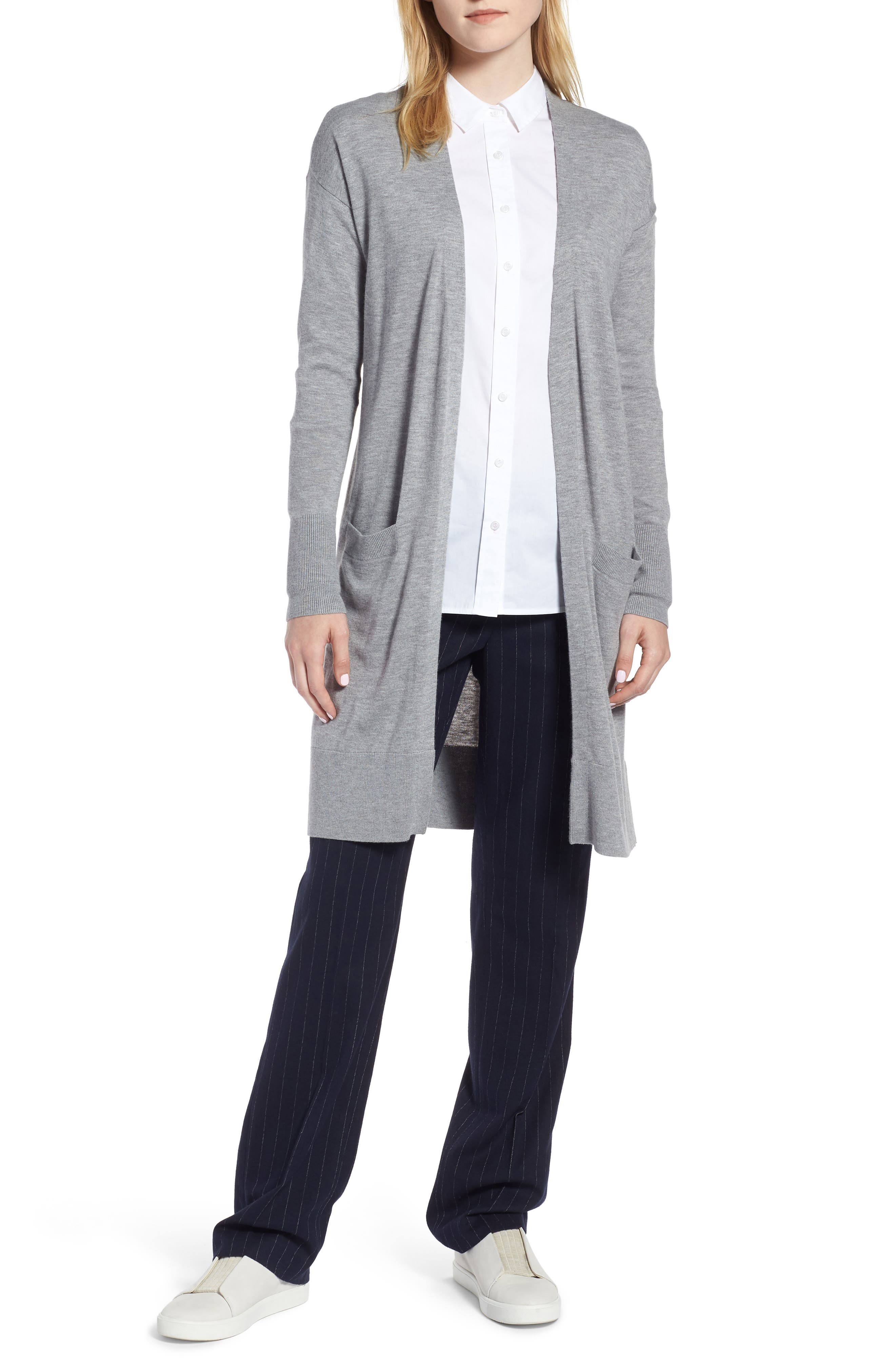 Petite Halogen Open Front Pocket Cardigan, Grey