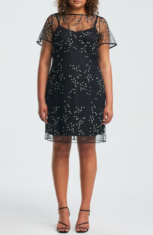 Floral Embroidered Mesh Cocktail Dress in Black