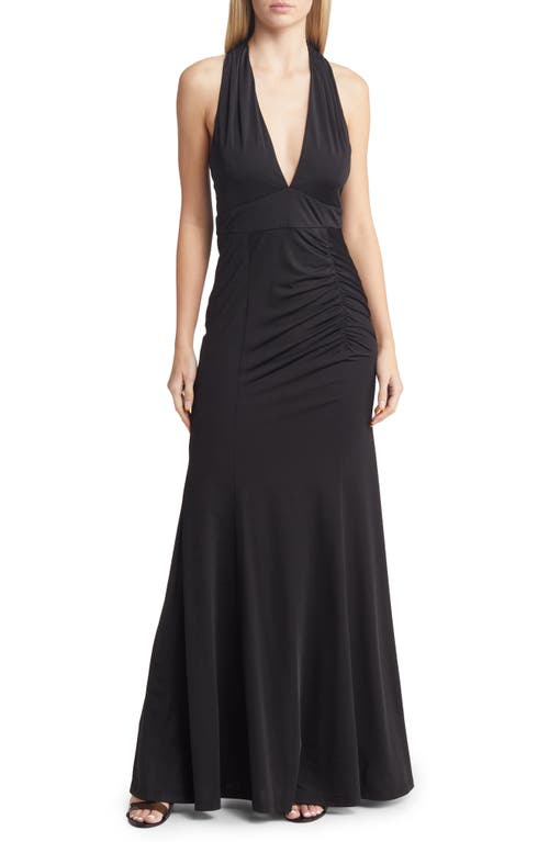 Lulus Tenth Avenue Ruched Halter Neck Gown in Black