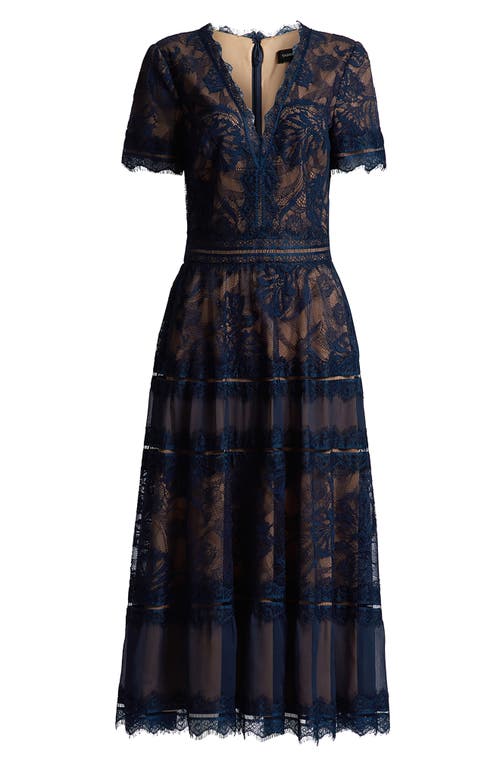 Tadashi Shoji Lace & Mesh Midi Cocktail Dress In Navy/nude