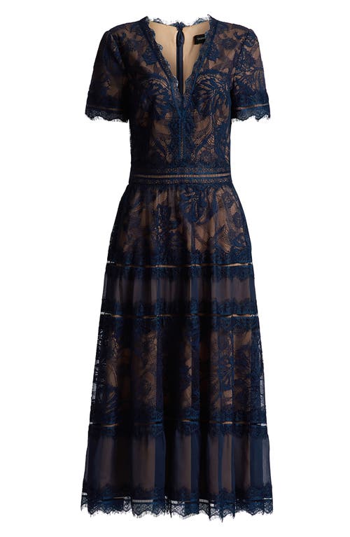 Shop Tadashi Shoji Lace & Mesh Midi Cocktail Dress In Navy/nude