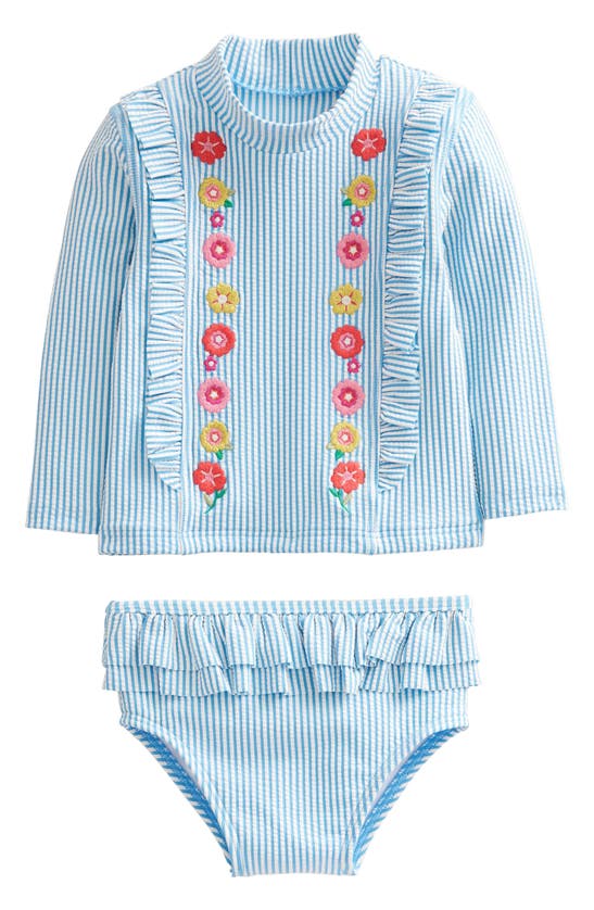 Mini Boden Babies' Embroidered Long Sleeve Two-piece Swimsuit In Blue, Ivory Stripe