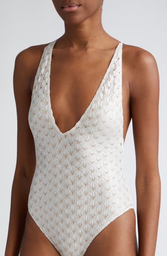 Shop Missoni Plunge Neck Lace One-piece Swimsuit In Roasted Pecan