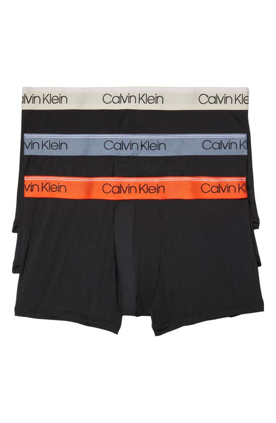 Calvin Klein 3-pack Low Rise Microfiber Stretch Trunks In Black Bodies W/ Asphalt Grey/mudstone/