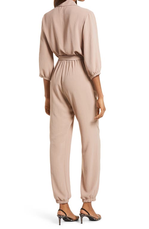 Shop Fraiche By J Tie Waist Long Sleeve Jumpsuit In Beige/khaki