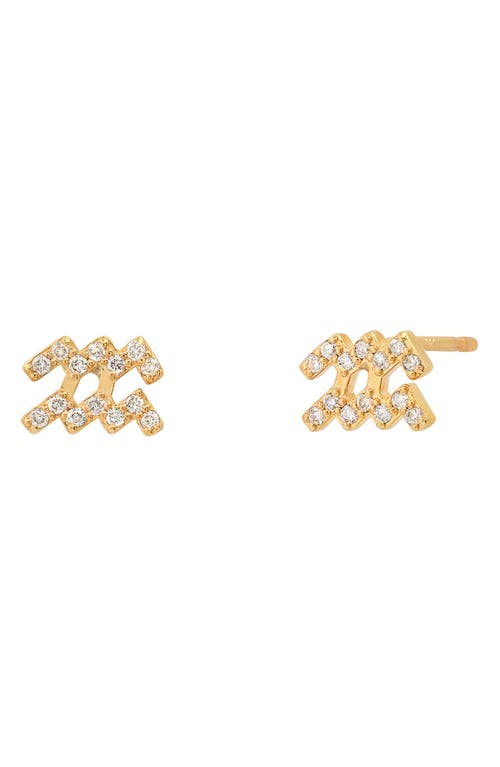 BYCHARI Zodiac Diamond Stud Earrings in 14K Yellow Gold - Aquarius