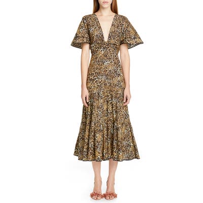 Johanna Ortiz Jaguar Print Cutout Midi Dress, Brown